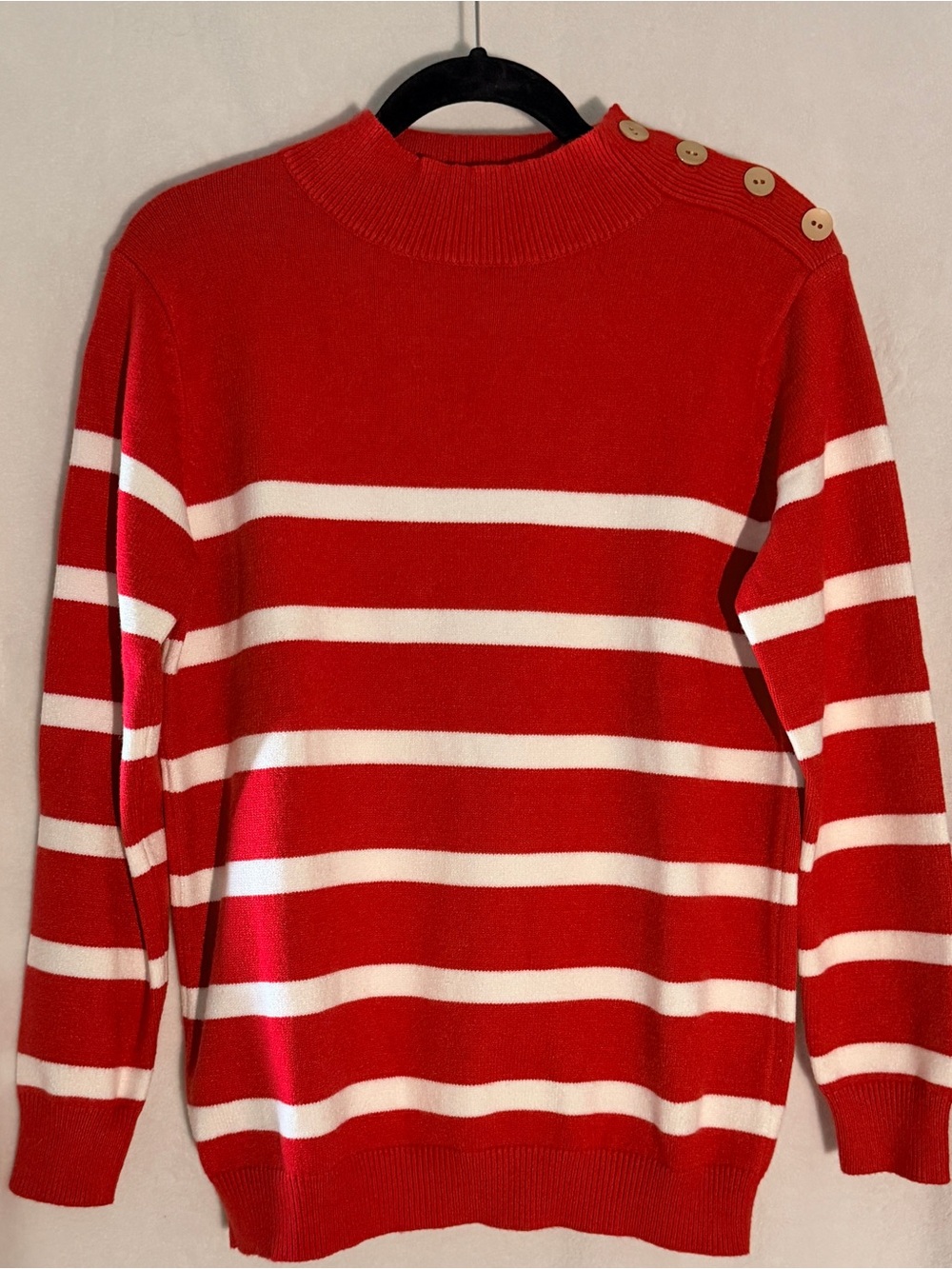 Women’s Red & White Striped Crewneck Sweater with Shoulder Buttons